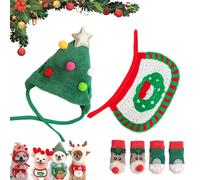 Adorable Christmas Tree Pom-Pom Hat for Small Dogs(Free Cute Pet Socks), New Adjustable Christmas Sets, Christma Tree Hat for Pets, for Small Dogs Cats Pet Santa Gifts (C,S)