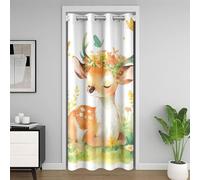 Adorable cortina de puerta de ciervo, 150 x 203 cm, bonitas flores y mariposas, lindas cortinas de puerta de animales salvajes para exteriores, coloridas dibujadas a mano, decoración de plantas