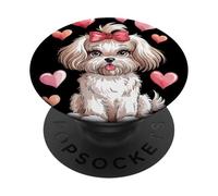 Adorable Fluffy Puppy with Pink Bow Cartoon Animal Lovers PopSockets PopGrip Adhesivo