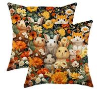 Adorable juego de 2 fundas de cojín decorativas de animales, diseño floral naranja de primavera, bonitos diseños de conejo y gato para el hogar, sofá, cama, sofá, 24 x 24 pulgadas