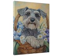 Adorable lienzo de perro en cesta de flores, impresión de retrato de Schnauzer gris, decoración estética de primavera para sala de estar, dormitorio, regalo para amantes de los animales, 40,6 x 50,8