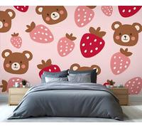 Adorable mural de pared 3D autoadhesivo con diseño de oso y fresa, ideal para dormitorio, baño o sala de estar. 100x100cm (No es autoadhesivo)