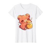 Adorable Oso Chibi sumergiéndose en Tarro de Miel Lindo Arte Divertido Camiseta gráfica económica, Mujer, Blanco, XL
