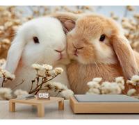 Adorable Pared de Pares de Conejos, Conejos Lindos en un Campo Florido, Decoración Dulce para el Nido y Dormitorio Infantil 100x100cm (No es autoadhesivo)