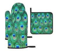 Adorable Pavo Real Verde, Guantes de Cocina Resistentes al Calor, Manoplas y agarraderas (Juego de 3 Piezas)