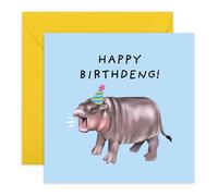 Adorable tarjeta de cumpleaños con diseño de hipopótamo Moo Deng - 'Happy Birthday Deng' - Regalos para él, ella, compañero de trabajo, hermana, hermano, amigos, sobrina, sobrino, hipopótamo bebé -
