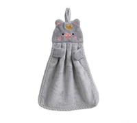 Adorable toalla de mano bordada de cerdo con cordón colgante para baño, cocina, paño de limpieza de terciopelo coral suave para secado diario (gris)