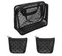 Adorila Bolsa de cosméticos de malla con estampado de corazón, bolsa de maquillaje de malla portátil con cremallera, pequeñas bolsas de aseo para el hogar, oficina, viajes (negro), Negro -