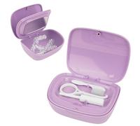 Adorila Estuche de retención de doble capa con espejo, estuche de almacenamiento portátil, funda protectora bucal con herramienta de extracción, cepillo de limpieza, masticación de cinturón (morado)