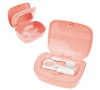 Adorila Estuche de retención de doble capa con espejo, estuche de almacenamiento portátil, funda protectora bucal con herramienta de extracción, cepillo de limpieza, masticación de cinturón (rosa)
