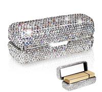 Adorila Estuche para pintalabios con espejo, organizador de lápiz labial de cristal con diamantes de imitación para viajes, soporte portátil para almacenamiento de brillo de labios, White