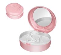 Adorila Estuche portátil para prótesis dentales con espejo, contenedor de almacenamiento de dientes falsos, funda protectora bucal de ortodoncia con cepillo (rosa)