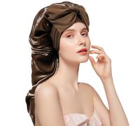 Adorila Gorro largo de satén para mujer, doble capa de seda suave para cabello largo, gorro elástico con banda de amarre (marrón)