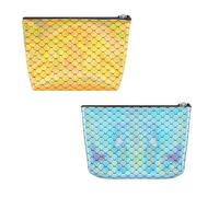 Adorila Paquete de 2 monederos de cuero con escamas de pescado, cartera pequeña con llavero, bolsillo con cremallera para mujer (azul y dorado), Azul, Dorado, Monedero con escamas de pescado