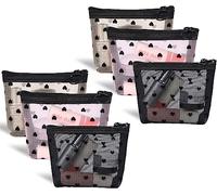Adorila Paquete de 6 mini bolsas de maquillaje de malla, bolsa de almacenamiento de malla con cremallera con estampado de corazón (negro, beige, rosa)