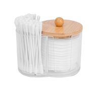 Adorila Soporte para almohadillas y hisopos de algodón, dispensador de hisopos de plástico pequeño con tapa, organizador de almacenamiento de accesorios de baño para almohadillas y púas (transparente)