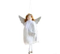 Adorno colgante de felpa suave con chica ángel y campana, ligero de Navidad para decoración de árbol o corona, dije navideño de temporada (blanco)