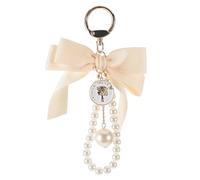 Adorno colgante para coche y accesorio de bolsa, llavero de pajarita con estilo elegante, lazo grande, hebra de perlas, color blanco roto, ideal para decoración de coche y adorno de bolsa, adorno