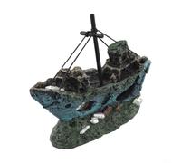 Adorno creativo de resina para pecera de buque de guerra, decoración de paisaje para peces pequeños, para la cría de peces pequeños, color azul y verde, barco de 11 x 11 cm (barco roto)