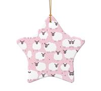 Adorno de cerámica con forma única de oveja blanca sobre fondo rosa, colgante de corazón de estrella de doble cara para decoración navideña