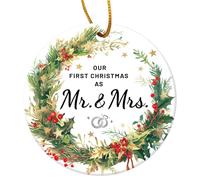 Adorno de cerámica con impresión de doble cara para parejas con texto "Our First Christmas Married", recuerdo para recién casados