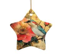 Adorno de cerámica de Navidad con diseño de estrella o corazón para colgar en el árbol de Navidad, decoración del hogar, estampado de flores y pájaros