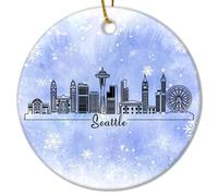 Adorno de cerámica de Navidad de Seattle de Estados Unidos, silueta de paisaje urbano, adornos colgantes de Navidad, adorno moderno y divertido para decoraciones de fiesta de Navidad, 3 pulgadas