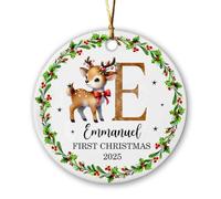 Adorno de cerámica personalizado para la primera Navidad del bebé, adorno de Navidad 2025, adornos de reno personalizados con inicial y nombre, decoraciones navideñas para bebés, adornos de árbol de