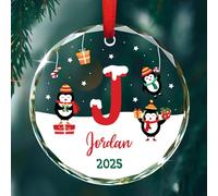 Adorno de cristal con letra inicial de monograma personalizado 2025, adorno de Navidad personalizado de pingüino con nombre inicial, adornos de nombre de letra regalo para niños, familiares y amigos