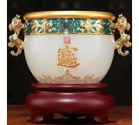 Adorno de cuenco de riqueza Feng Shui con asas de pez dorado: un cuenco de la suerte blanco y dorado for decoración del hogar y la oficina, un regalo de prosperidad y buena fortuna.(B)