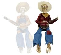 Adorno de esqueleto de banjo aterrador con diseño a cuadros rojos y amarillos, materiales resistentes para decoración del hogar de temporada, amantes de la música de Halloween