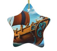 Adorno de estrella colgante de cerámica para árbol de Navidad, diseño de barco de WHJSSF Vikingos, fácil de colgar para fiestas de vacaciones, 3.1 x 3.1 pulgadas