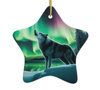 Adorno de estrella colgante de cerámica para árbol de Navidad, lobos WHJSSF aullando en la aurora boreal, impresión fácil de colgar para fiestas de vacaciones, 3.1 x 3.1 pulgadas