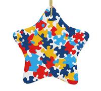 Adorno de estrella colgante de cerámica para árbol de Navidad, rompecabezas de concienciación sobre el autismo, piezas de rompecabezas con estampado de corazón con cordón de metal perforado y chapado