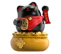 Adorno de gato de la fortuna, 9 x 10 x 13 cm, funciona con energía solar, automático, agitación manual y balanceo del cuerpo, decoración de interiores para escritorio o sala de estar (negro)