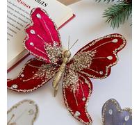 Adorno de mariposa brillante para árbol de Navidad, decoración con clip, colgante grande para colgar en interiores y exteriores, exhibición festiva, alas brillantes para decoración del hogar (rojo)