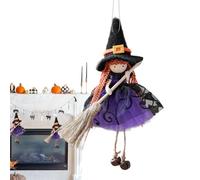 Adorno de muñeca de bruja colgante | Figura de bruja pequeña de Halloween con falda de gasas, muñeca de hechicera con escoba, decoración colgante de Halloween, para decorar puertas y ventanas de casas