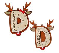 Adorno de Navidad Personalizable con Nombre, Palabra, Frase... | Doble Uso: marcasitios para Copas/Vasos y Colgador para árbol | Madera 10 cm | Pintado a Mano. (Renos Madera)