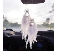 Adorno de plumas animadas para espejo retrovisor de coche, decoración creativa de atrapasueños (blanco)