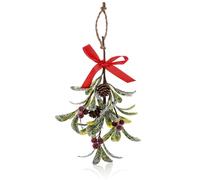 Adorno navideño colgante con rama de muérdago, cinta roja decorativa, 26 cm, simulación realista con frutos rojos y piñas para decoración de Navidad en interiores y exteriores