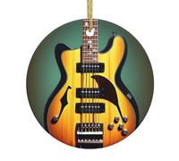 Adorno navideño de cerámica para guitarra, bajo, música, música, decoración colgante redonda, perfecta para la temporada de vacaciones