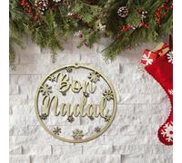 Adorno Navideño en 3D - Bola de Navidad Dorada con Frase 'Bon Nadal', Hecho a Mano con Madera Reciclada, Decoración Elegante para Árbol, Puertas o Guirnaldas (17 cm) Català