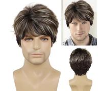 adorno para el cabello Peluca de fiesta Cosplay resistente al calor Natural, peluca sintética for hombre, corta y rizada pelo gris mezclado negro for regalo padre masculino(Blonde Mix Brown)