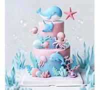 Adorno para Tarta Criaturas Marinas, Kit de Decoración de Pastel Temática Océano con Ballena, Delfín, Medusa, Pulpo，Cake Topper Animales Marinos, para Fiesta Infantil Cumpleaños