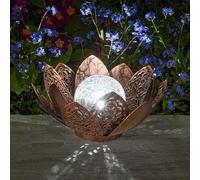 Adorno solar de jardín de loto de 27 cm, luz LED de bronce que cambia de | Linterna solar de damasco, diseño de loto de bronce, globo de vidrio agrietado, luz LED que cambia de color