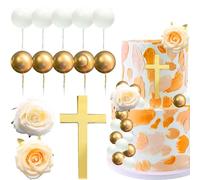 Adorno Tarta Cruz 13pcs para Comunión, Bautizo y Baby Shower - Flores y Bolas para Decoración - Apto para Cristianismo, Primera Comunión, Bautismo