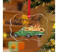 Adornos colgantes de camión de hojas de calabaza de feliz otoño, acuarela, verde azulado, azul, camión de granja, recuerdo personalizado, discos acrílicos transparentes, cruz religiosa, recuerdo de