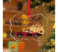Adornos colgantes de camión de hojas de calabaza de feliz otoño, acuarela, verde azulado, azul, camión de granja, recuerdo personalizado, discos acrílicos transparentes, cruz religiosa, recuerdo de