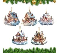 Adornos de casa de pueblo de Navidad, colgante acrílico de invierno con diseño de árbol de Navidad, colgante de casa de nieve para decoración navideña del hogar