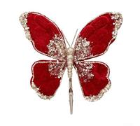 Adornos de clip de mariposa, paquete de 12, mariposas de imitación de tela para árbol y flores, textura realista, mariposas navideñas (rojo)